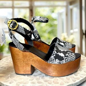 TORY BURCH $425 Camilla Leather Sandal Woodgrain Platform Heel